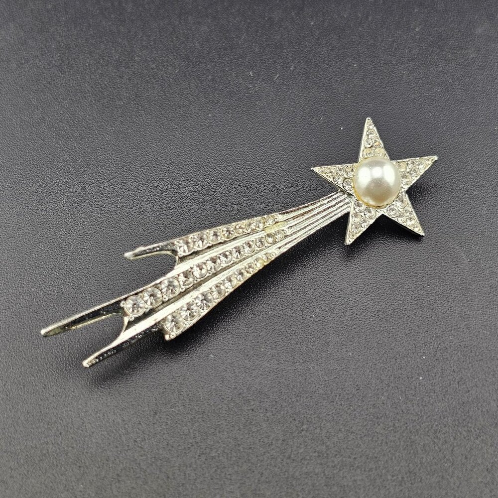 Vintage Signed SI White Rhinestone Crystal Pearly Shooting Star Brooch Pin 2.5"
